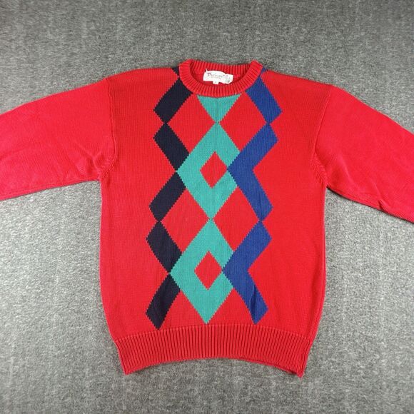 Vintage Parker Of Vienna Pullover Sweater Mens Sz L Red Geometric 100% Cotton - Picture 2 of 9